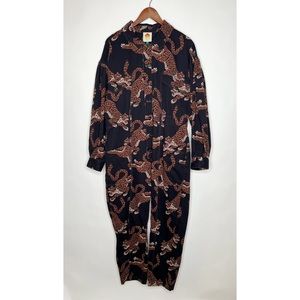 Farm Rio Leopard Print Jumpsuit Black Long Sleeve Button Front Size Large